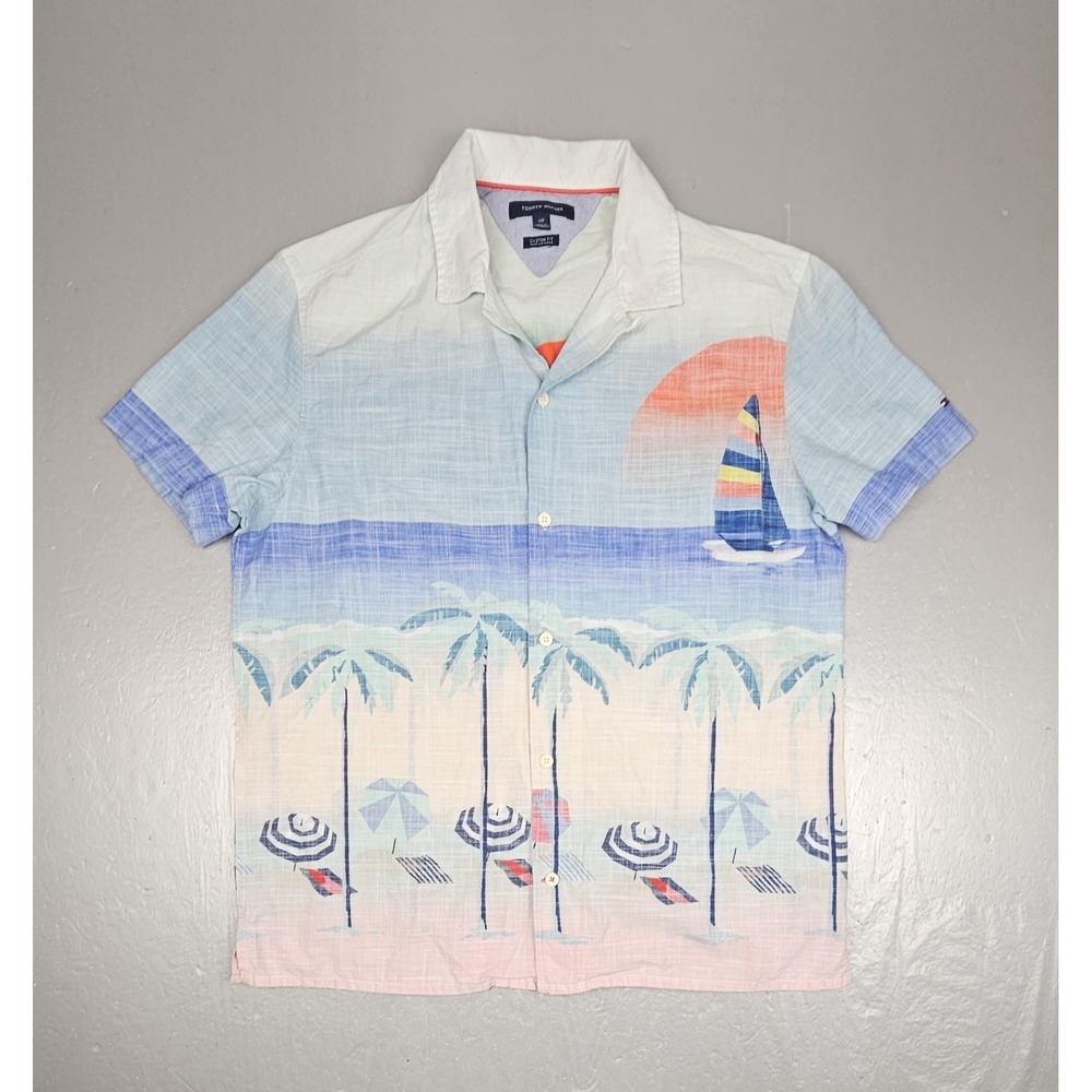 Tommy Hilfiger Button-Up Shirt Mens Lrg Custom Fit Sailboat Graphic Short Sleeve